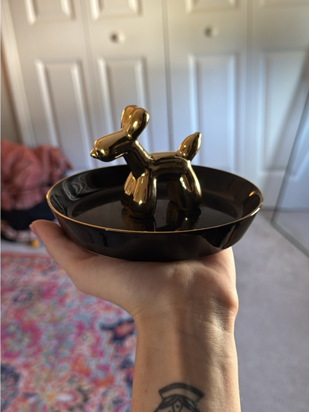 Gold Balloon Dog Jewelry Dish on Black Dish